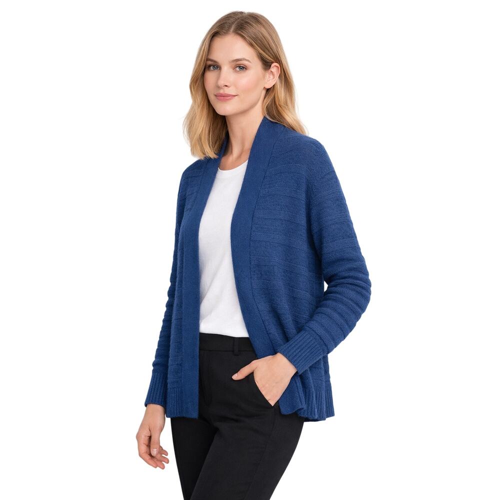 Rafaella Women’s Blue Open-Front Cardigan, Size Large – Textured Knit Layer